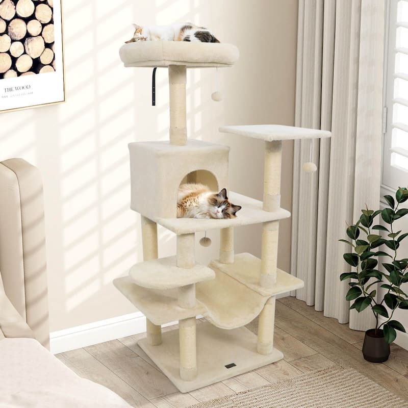 Costway 58” Tall Multi-level Cat Tree with Upholstered Perch & Cat - See Details - Beige