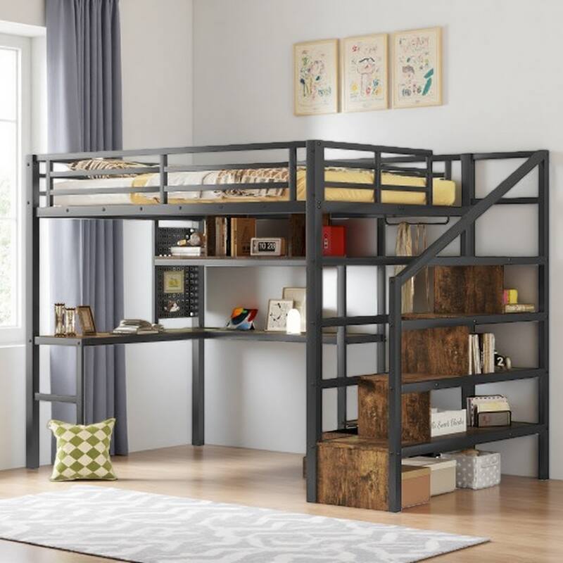 Full Size Metal Loft Bed with LED Lights, Charging Station, Desk, Pegboard, Wardrobe & Storage Staircase - Black