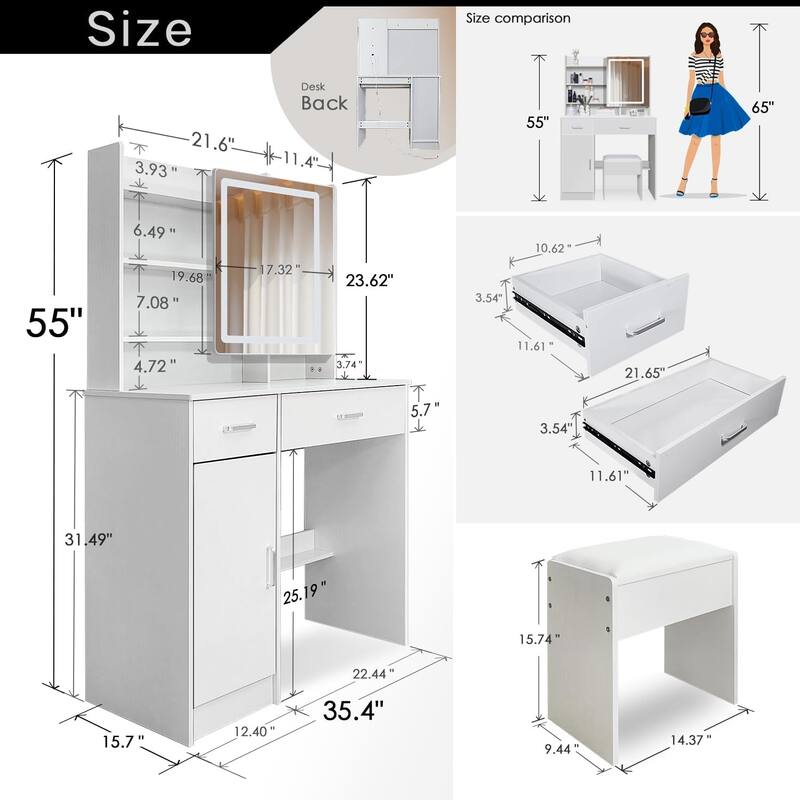 Makeup Vanity Desk with Lights,Vanity Set with Mirror,Large Drawers & Three Level Storage Dreeser,3 Lights Brightness