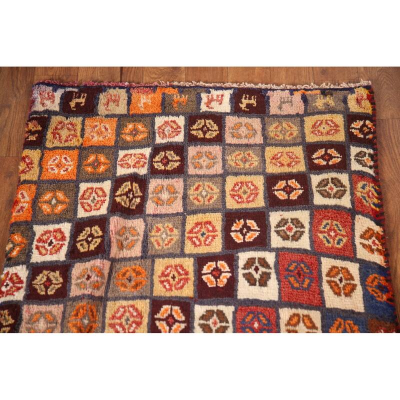 Checkered Gabbeh Persian Vintage Runner Rug Handmade Wool Carpet - 2'1"x 4'9"