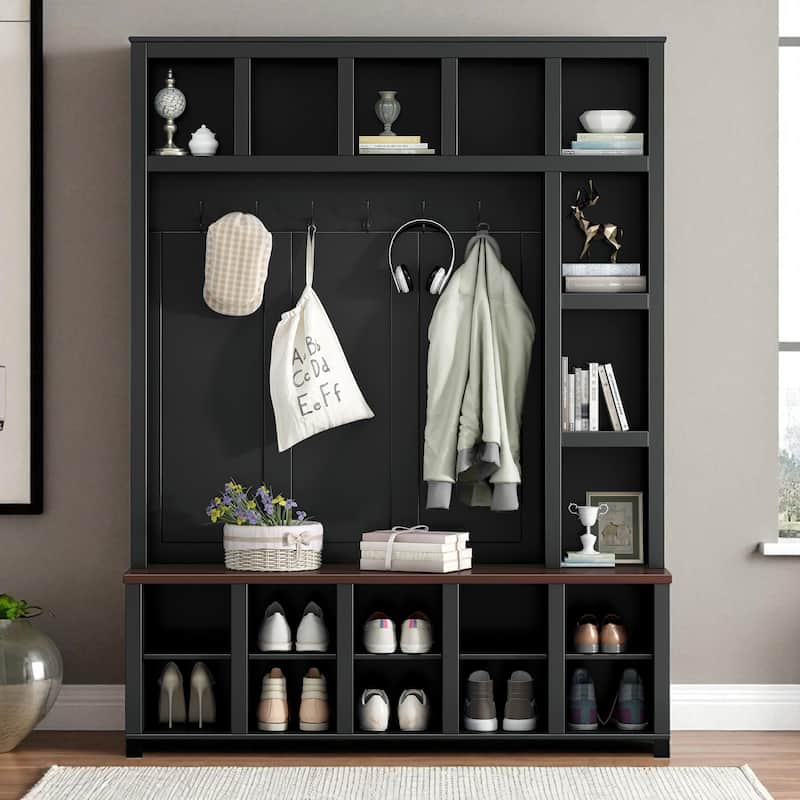Farmhouse Entryway Hall Tree with Coat Rack, 13 Cubbies Shoe Storage, Adjustable Shelves & Walnut Bench - Black