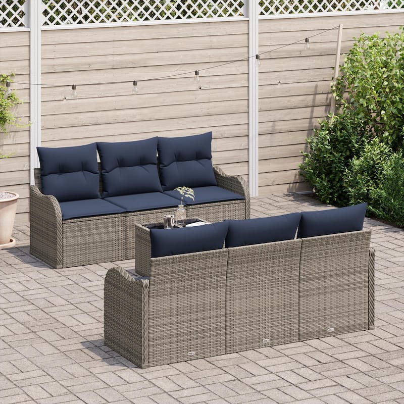 vidaXL 7 Garden Sofa Set with Cushions Black/Brown/Grey Poly Rattan - 69.3 x 24.4 x 27.2
