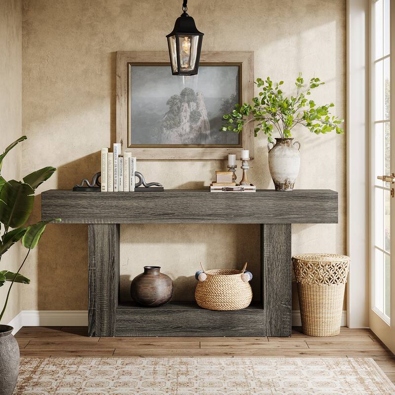 63 Inches Brown/ Gray Wood Entryway Table, Farmhouse Console Table for Entryway