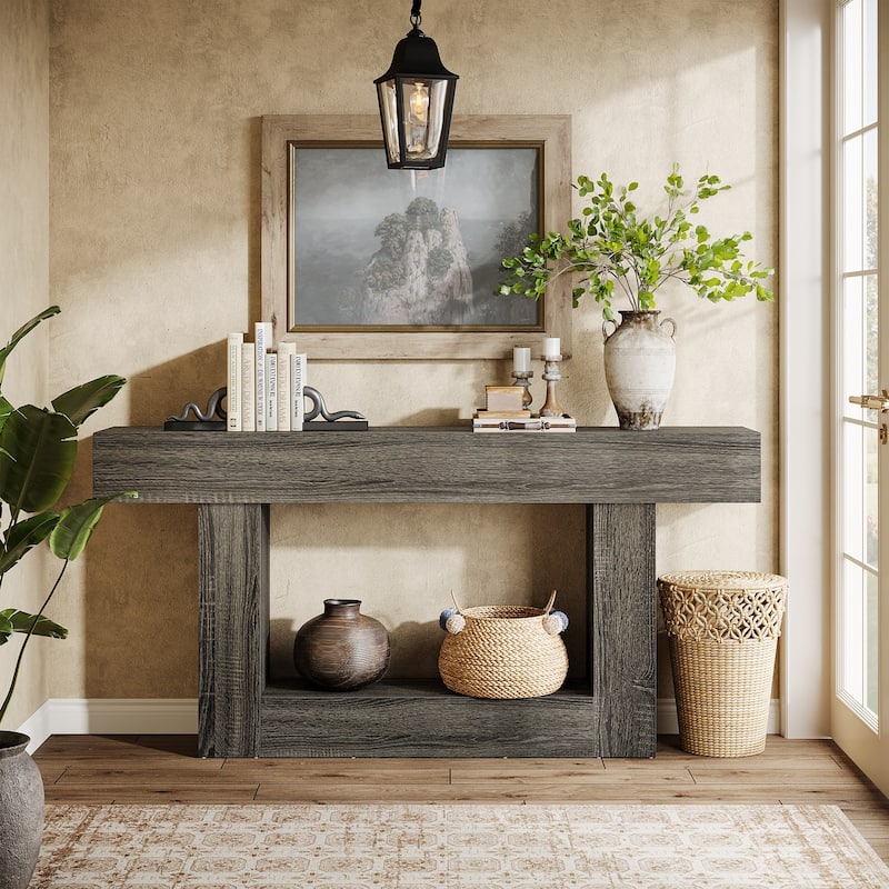 Farmhouse 2 Tiers Console Table Entryway Table with U-Shaped Base