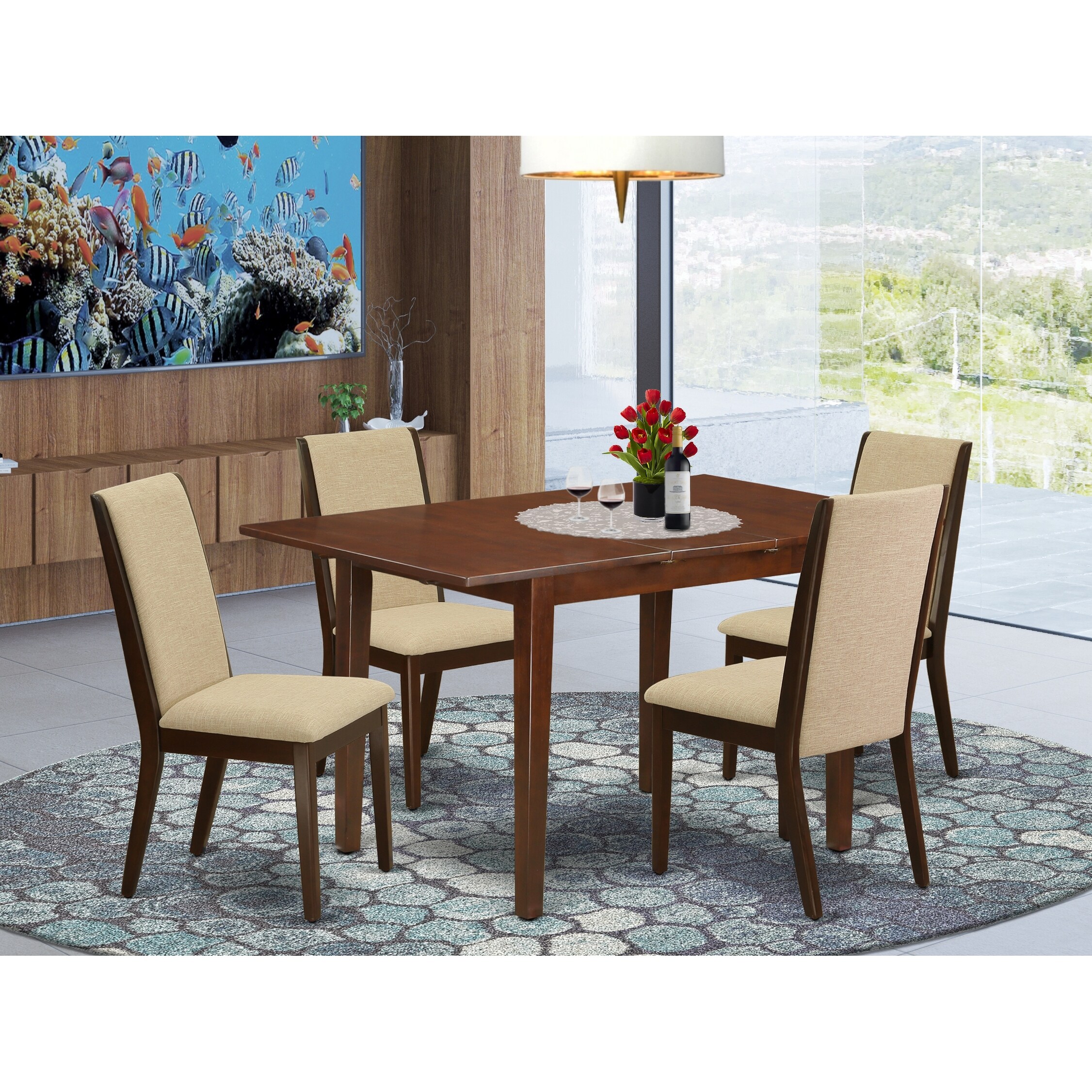 Shop Black Friday Deals On Psla5 Mah 04 5 Pc Dining Table Set 4 Upholstered Dining Chairs And Butterfly Leaf Table High Back Mahogany Finish Overstock 32085508