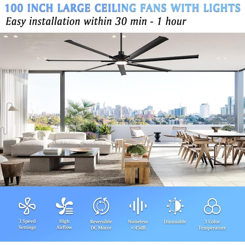 Ceiling Fan Industrial 100" Modern Black 7-Blade LED Light