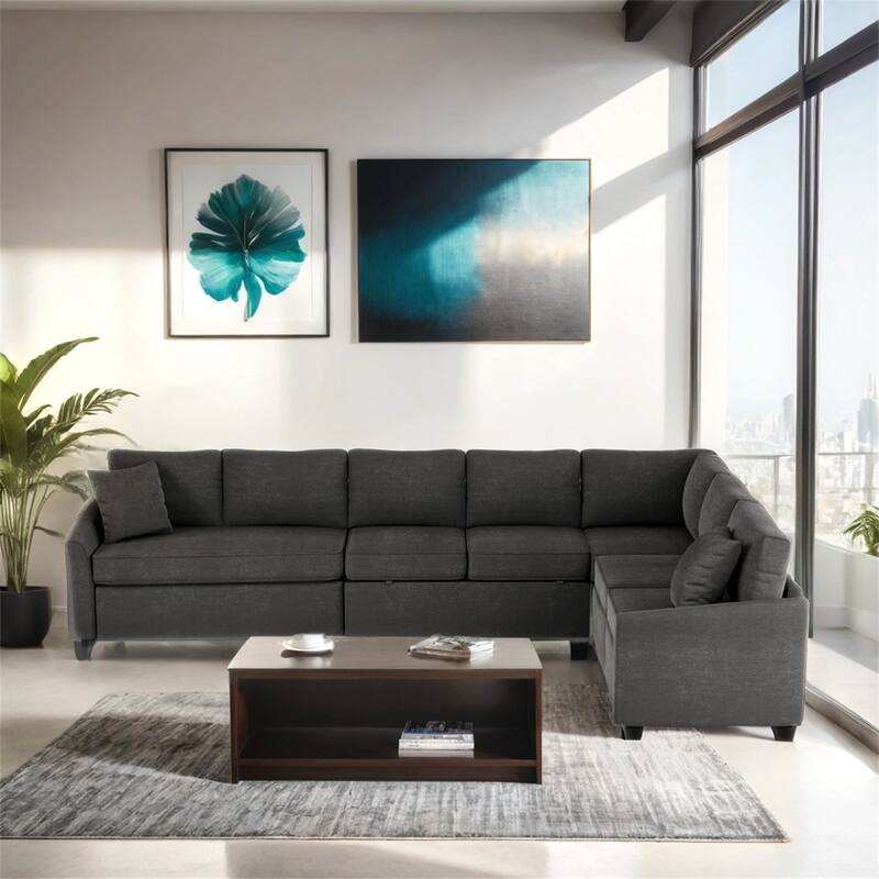 L-shaped Sofa Convertible Sofa Bed Pull Out Sofa Sleeper w/Back Pillow