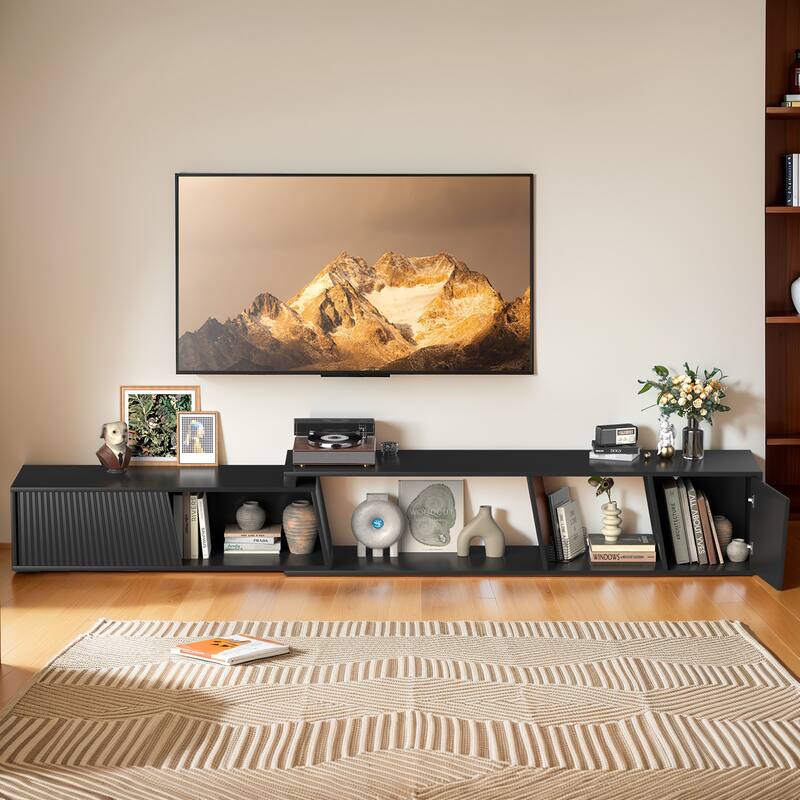 Pocassy Extendable TV Stand with Sliding Doors Minimalist Rectangle