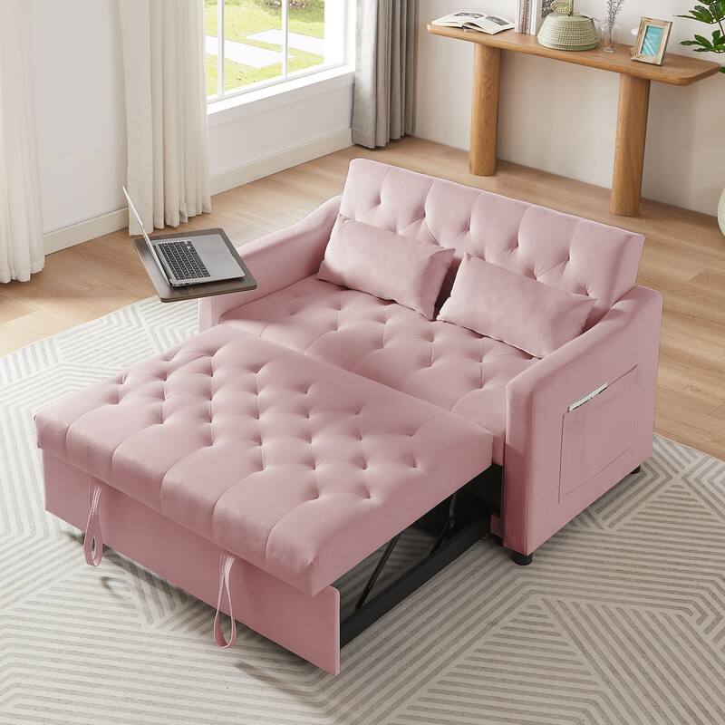 Velvet Pull Out Loveseat Sofa Convertible Sleeper Love Seat Bed w2 Pillow & 2 Pillows, Futon Sofa with 360掳 Swivel Shelves