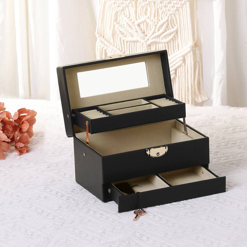 3 Layer Jewelry Box with Mirror for Women, PU Leather Jewelry Organizer Case Storage Display Holder with Drawer - 21x13x12cm