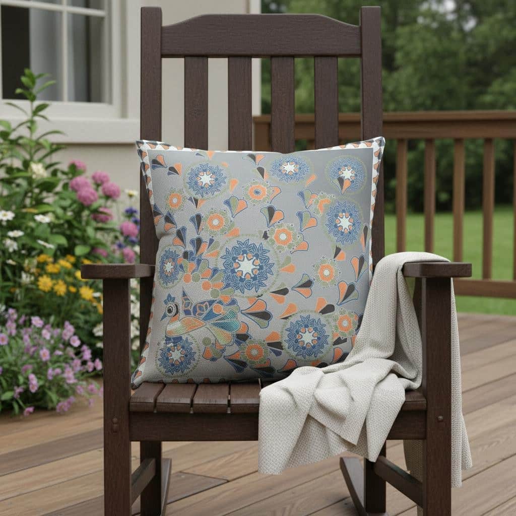 HomeRoots 20" x 20" Gray and White Peacock Blown Seam Floral Indoor Outdoor Throw Pillow - 20.00' X '5.00' X '20.00