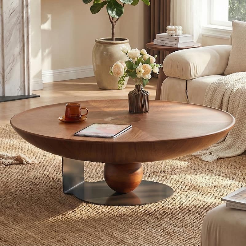 Modern Round Coffee Table with Walnut Finish MDF Top & Stainless Steel Base