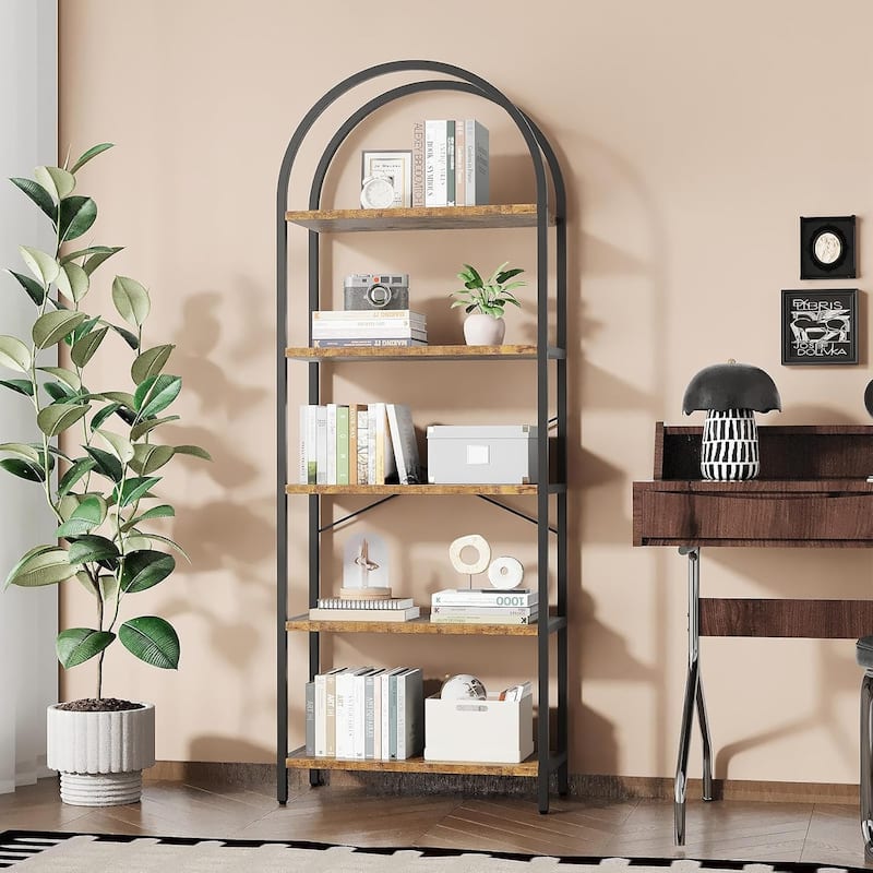 5-Tier Arched Bookshelf, Tall Wood Bookcase with Metal Frame, Modern Storage Rack for Living Room, Bedroom, or Home Office