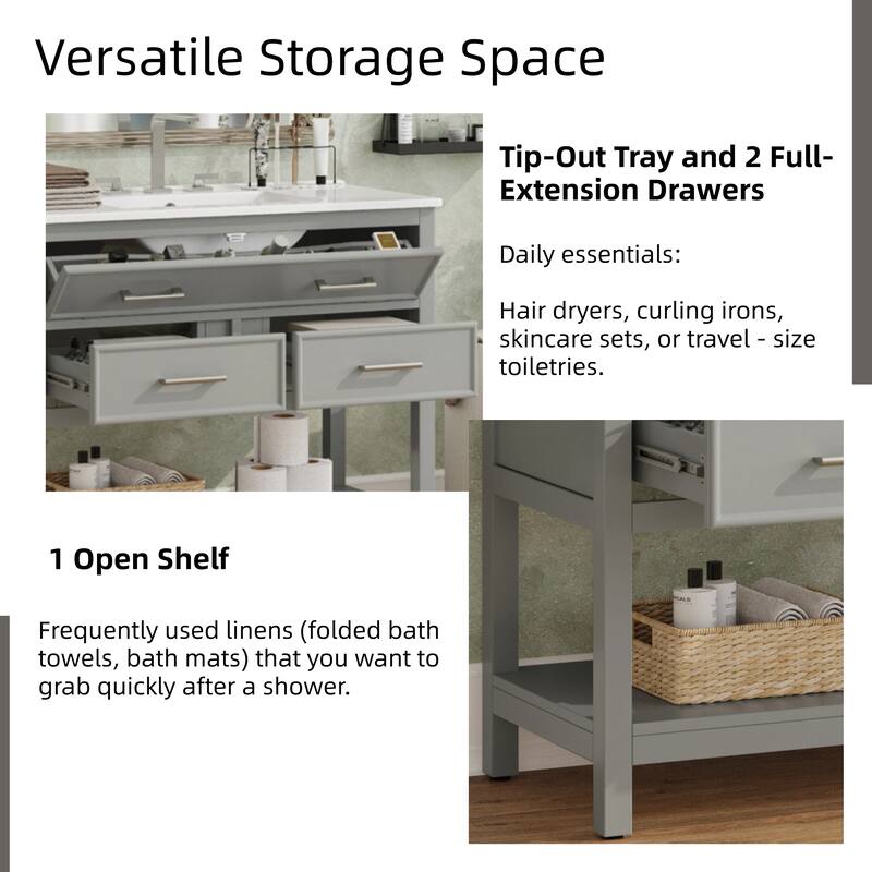 36" Bathroom Vanity with Ceramic Sink, Tip-Out Tray, Full-Extension Drawers, Soft-Close Slides, and Open Shelf