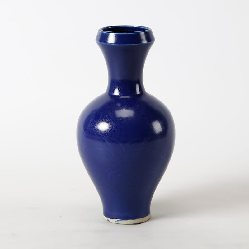 Artissance 8.6" Dark Blue Glaze Vase With Tick Flowers