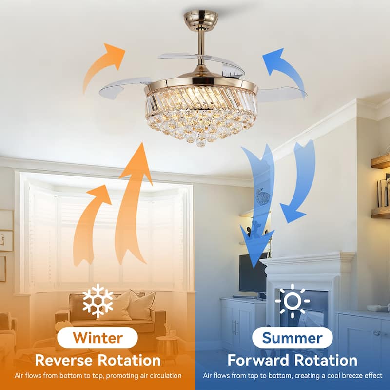 48" Crystal Fandelier Ceiling Fan with Light and Retractable Blades LED Dimmable for Bedroom Living Room - 48 Inches