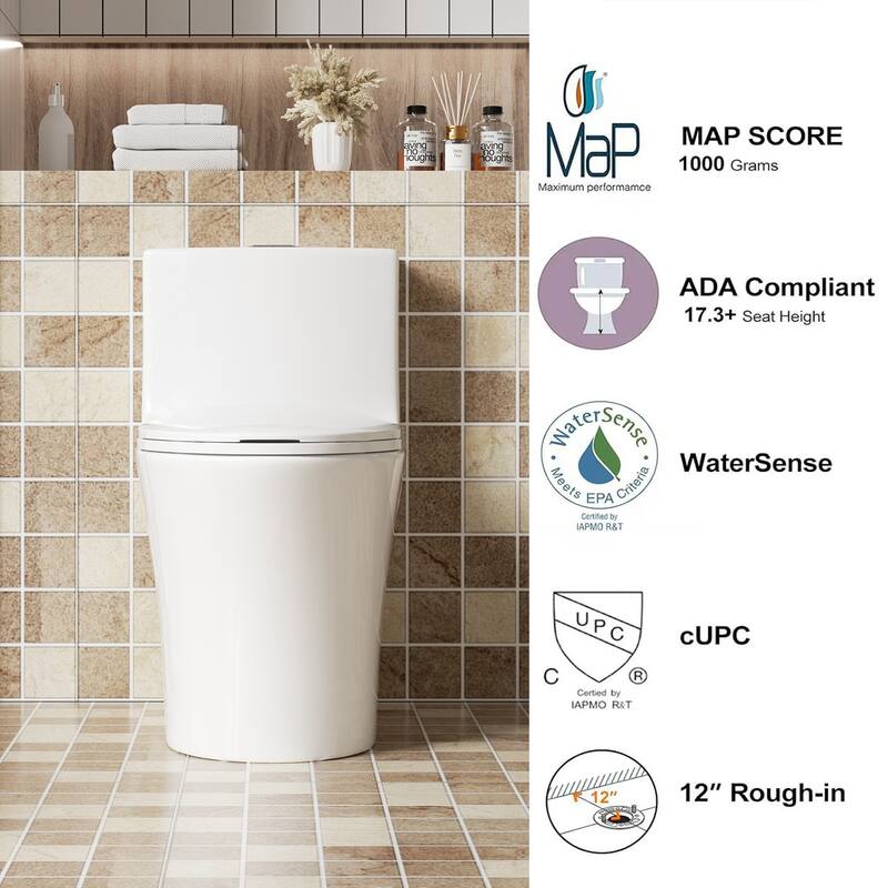 1.1/1.6 GPF Tornado Flush One-Piece Toilet Elongated, Siphonic S-trap 12",Button on Tank top,Chair Seat ADA Height 17"