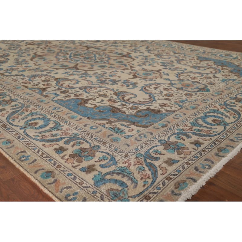 Distressed Beige Tabriz Vintage Persian Rug Hand-Knotted Wool Carpet - 7'10" x 10'11"