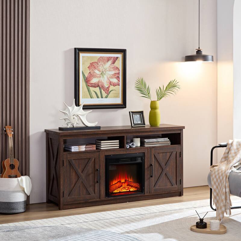 Farmhouse TV Media Stand, Large Barn Inspired Home Entertainment Console, with 18" Fireplace Insert, for TV Up to 65'', with Ope