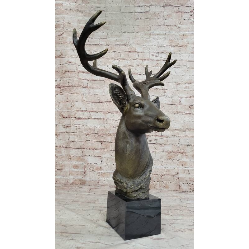 Stag Buck Deer Elk Head Bust Bronze Sculpture Statue On Marble Base