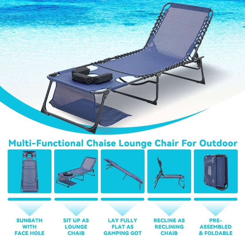 Face Down Chaise Lounge Chair 5-Position Adjustable Sunbathing, Foldable Tanning Chair with Fac, Beach(2 Pcs)