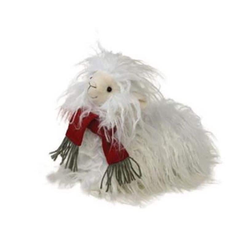 9” Tall Laying Furry Llama Christmas Plush Decoration with Weighted Bottom and Red Green Scarf - 9”H x 4”W x 11”D