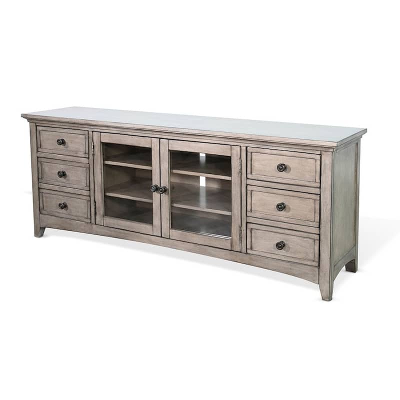 Xyla TV Stand Media Cabinet Glass Door, 6 Drawers, Gray Wood, 62 Inch