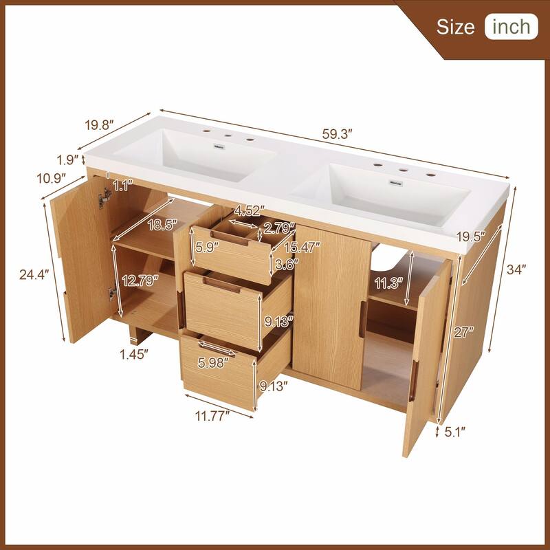 59.3" Modern Bathroom Vanity with Resin Sink, 4 Doors & 3 Drawers, Handle-Free Design, Soft-Close Hinges & Hidden Slides