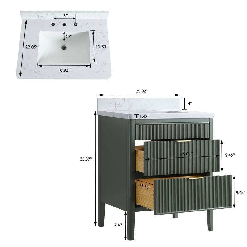 Modland 30" Freestanding Bathroom Vanity with Carrara Marble Top - Soft-Close Drawers,Green / Grey - 30 inch