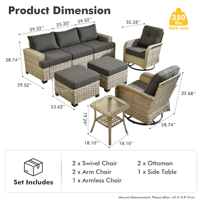 OVIOS 8 Pieces Wide Arm T shaped Seat Curved Swivel Chair Set With Ottoman