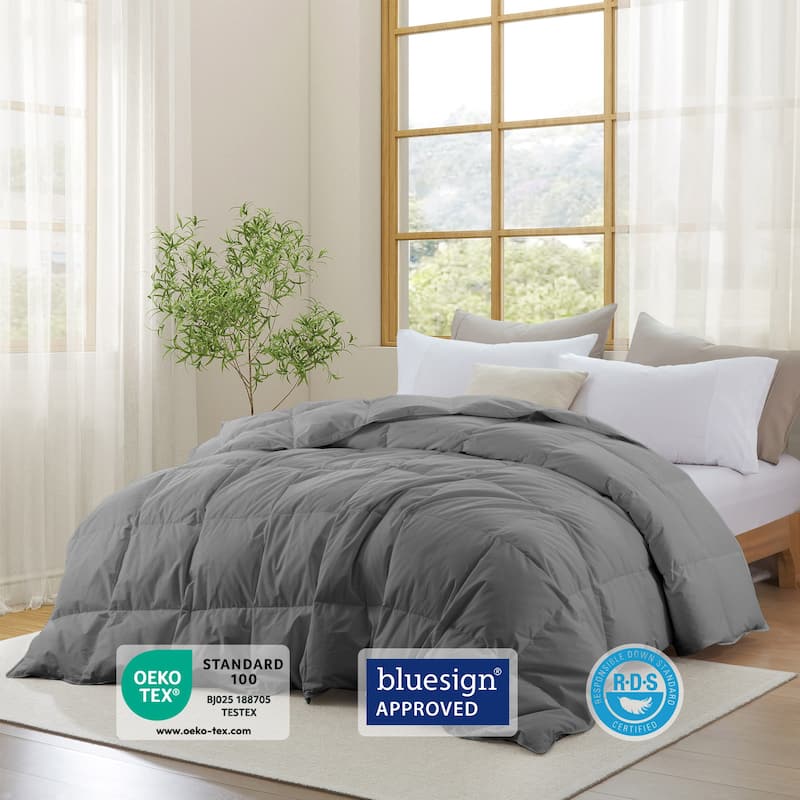 All Season 300TC Organic Cotton Down Comforter - 100% Natural, Chemical-Free, Medium Warmth Duvet Insert - Full - Queen - Gray