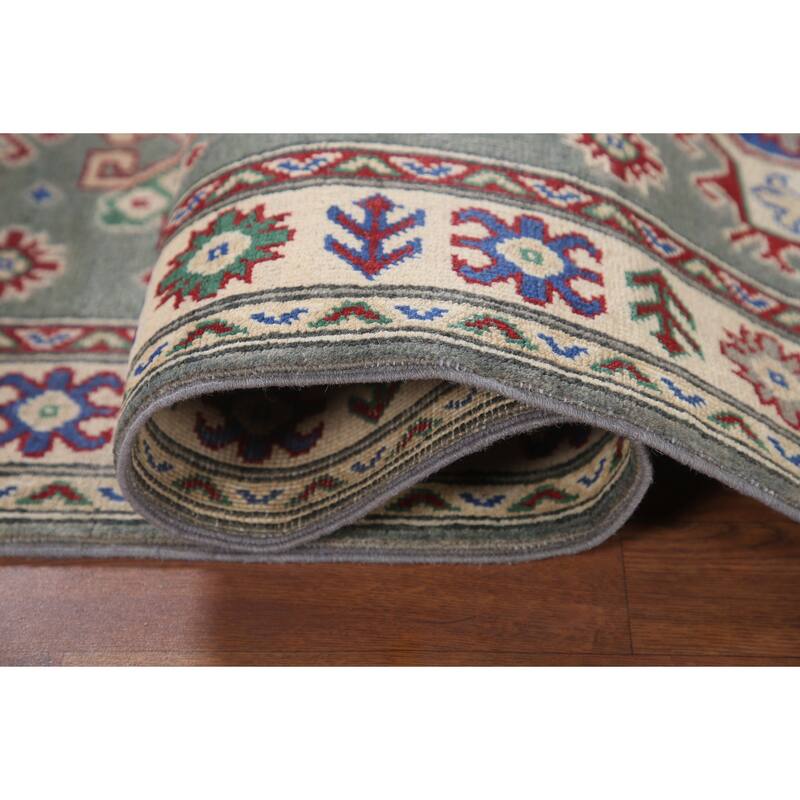 Hand Knotted Oriental 100% Wool Carpet Traditional Geometric Green Kazak Area Rug - 6' 3'' X 2' 9''