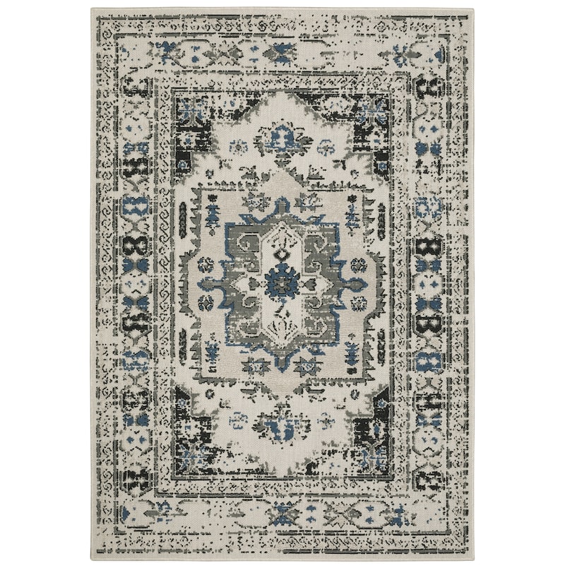 Vista Home Talcot Vintage Traditional Grey/ Teal Indoor-Outdoor Area Rug - 1'10" X 3'9"