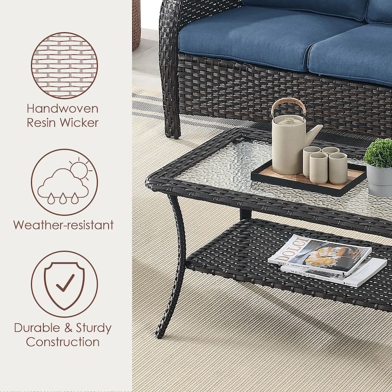Outdoor Wicker Coffee Table with Glass Top