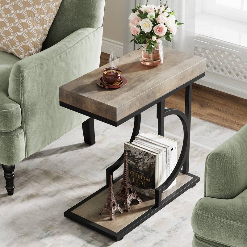 Narrow Side Table C Shaped End Table for Living Room