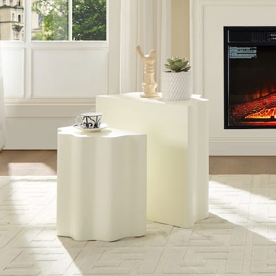 2-Piece Set Side Table Accent Table, Fiberglass Coffee Table End Table with Soft Wavy Edges for Living Room
