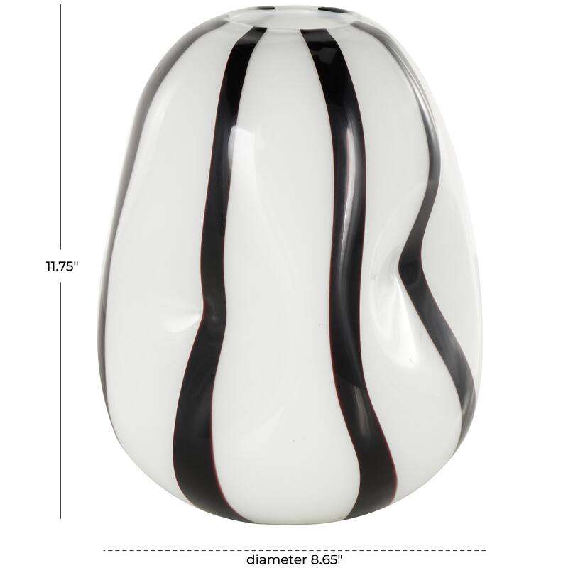 Glass Concaved Round Vase with Black Stripes - White - Roche River Decor