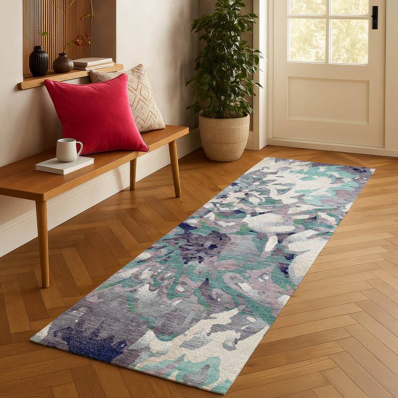 Machine Washable Indoor/ Outdoor Abstract Floral Chantille Rug