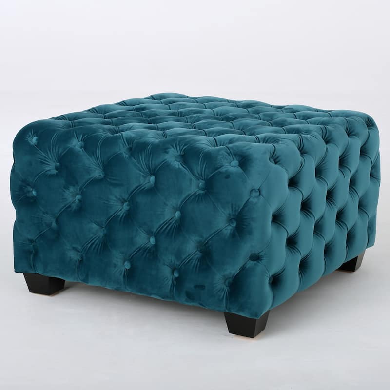 Velvet Ottoman - Teal Button-Tufted Diamond Stitch, 29" Square Modern Glam Footstool with Polyester Upholstery