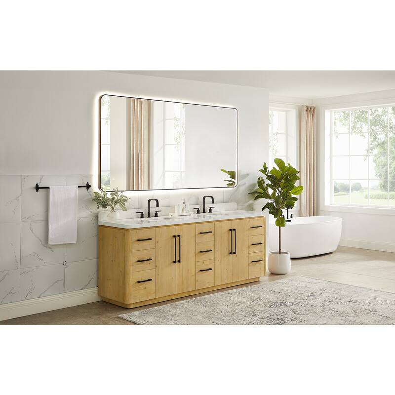 Serene Bathroom Vanity in Nature Brown with Grain White Engineered Stone Countertop with Mirror