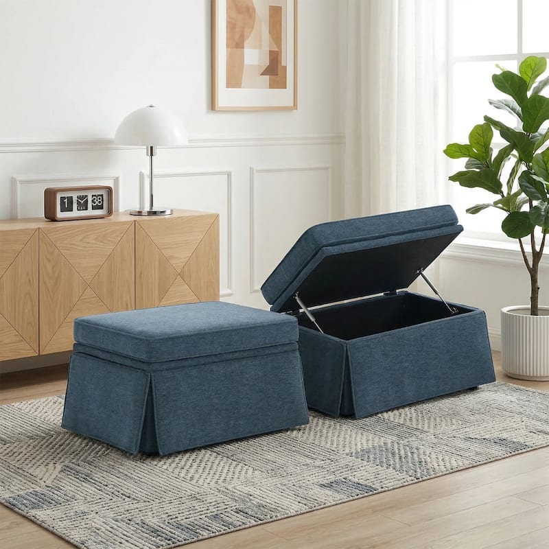 2 Set Rectangle Chenille Upholstered Storage Ottoman - Navy