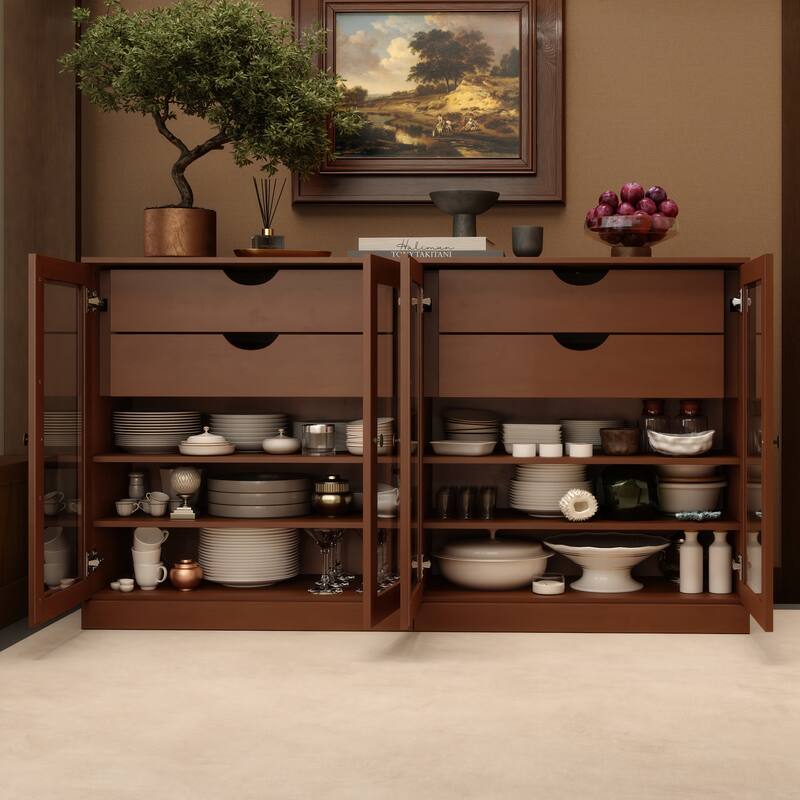 Palace Imports 100% Solid Wood 64" Sideboard with Clear Glass Doors, 4-Drawers and Adjustable Shelves