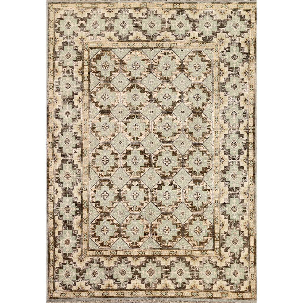 Vegetable Dye Geometric Khotan Wool Area Rug Hand-knotted Foyer Carpet - 4'8" x 6'0"