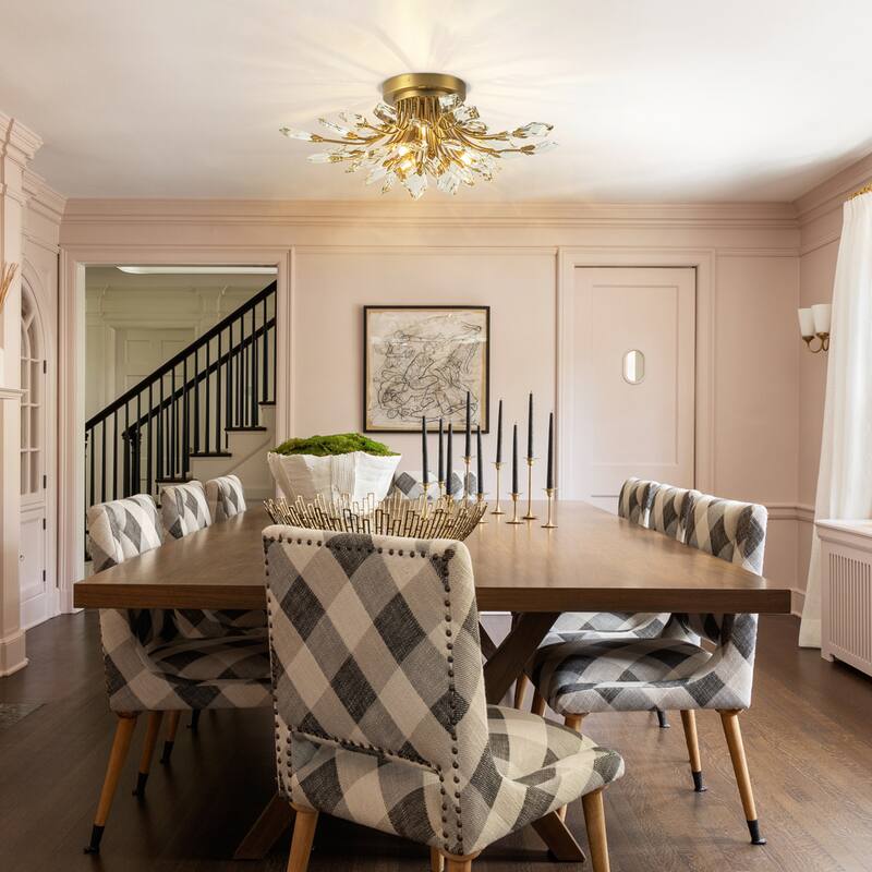 4-Light Modern Industrial Linear Cluster Crystal Flush Mount Light Sputnik Ceiling Light for Dining Room