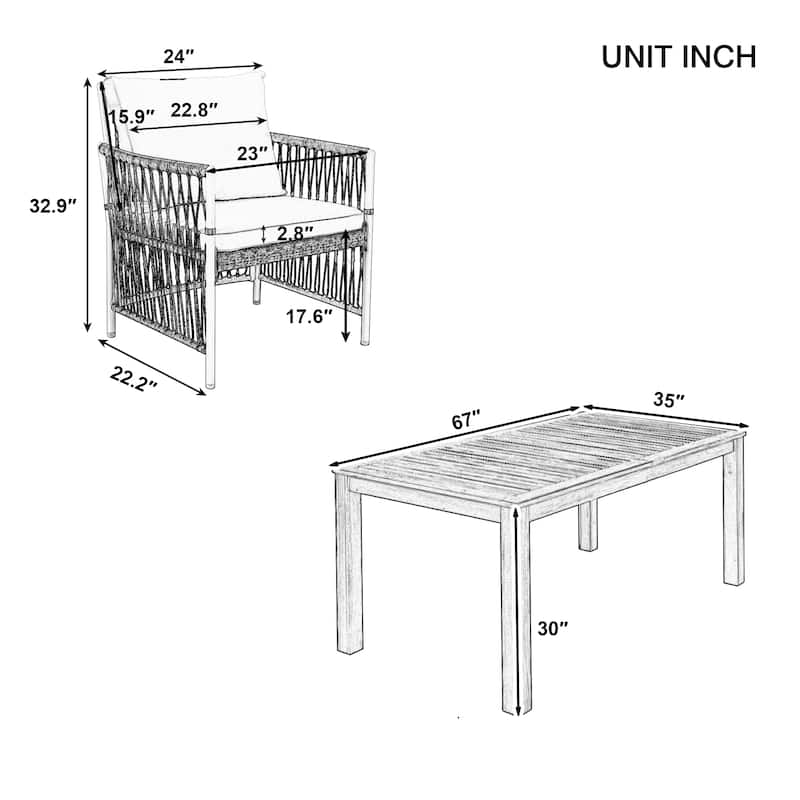 Roomfitters 7-Piece Patio Dining Set, Rectangular Outdoor Table with 6 White Rope Weave Armchairs & Cushions, Natural
