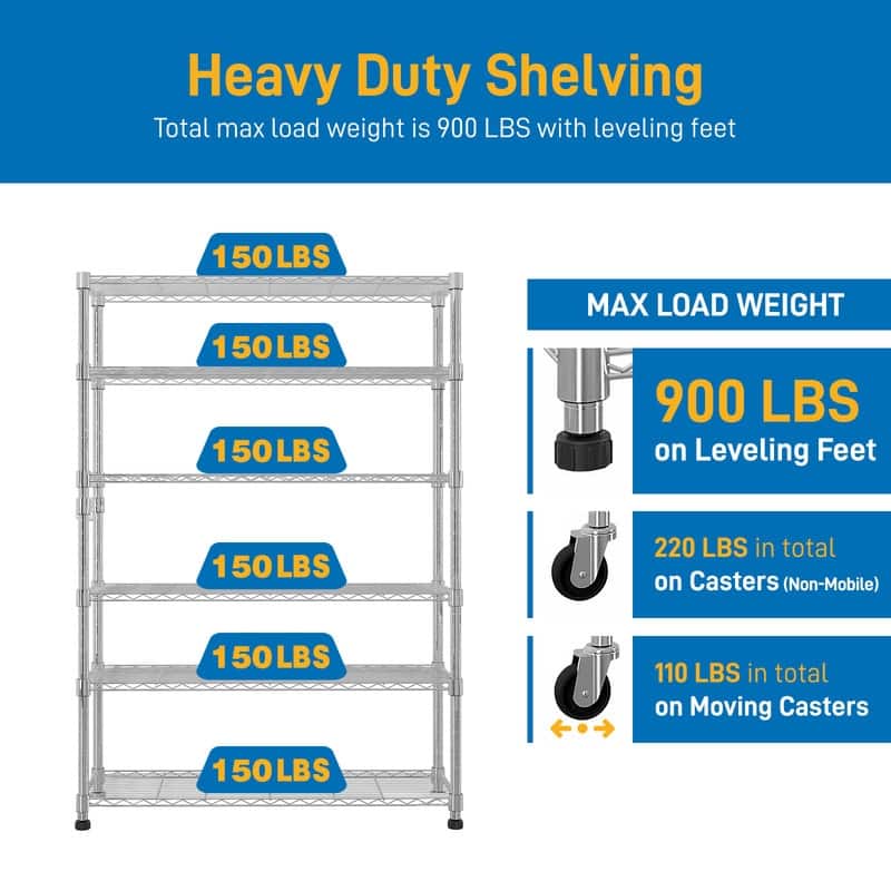 6-Tier NSF-Certified Steel Wire Shelving Rck with Wheels