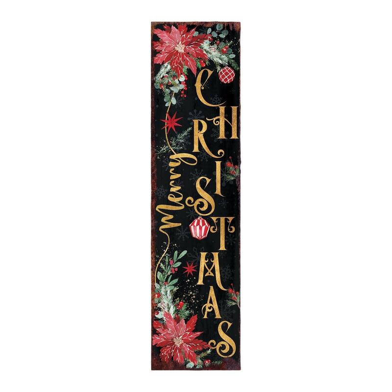 HomeRoots 36" Black Gold Green And Red Solid Wood Poinsettia Merry Christmas Porch Sign