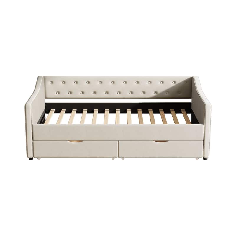 Twin Size Daybed With Drawers Upholstered Tufted Sofa Bed, With Button On Back And Piping On Waved Shape Arms
