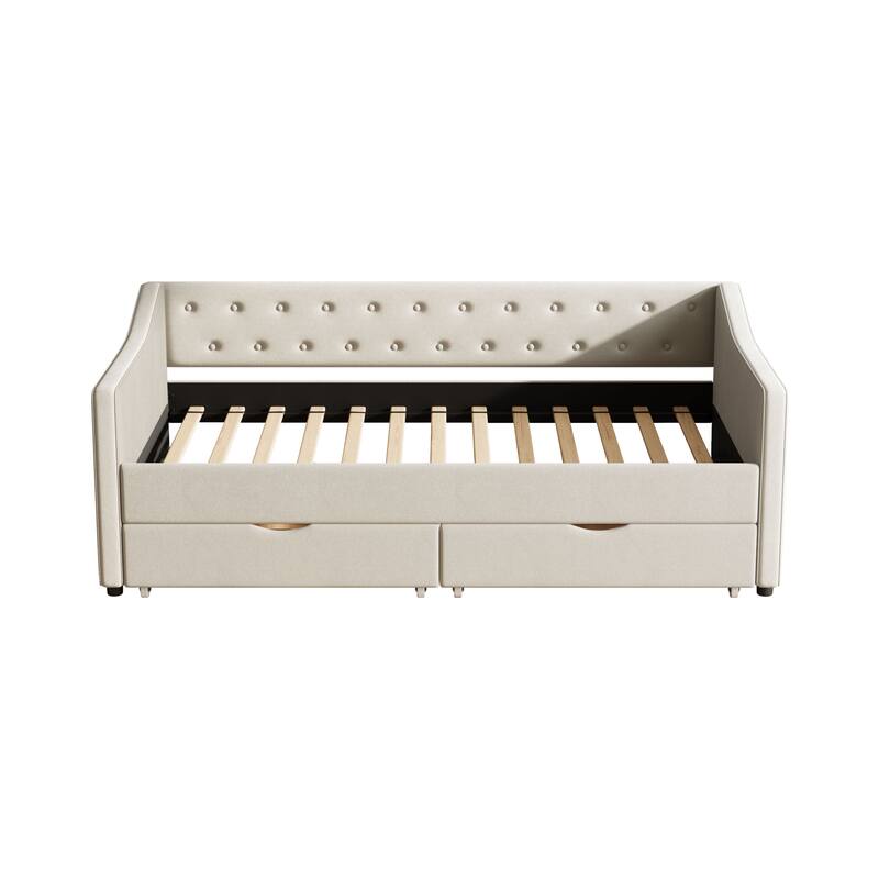 Twin Size Daybed with Drawers Upholstered Tufted Sofa Bed, with Button on Back and Piping on Waved Shape Arms