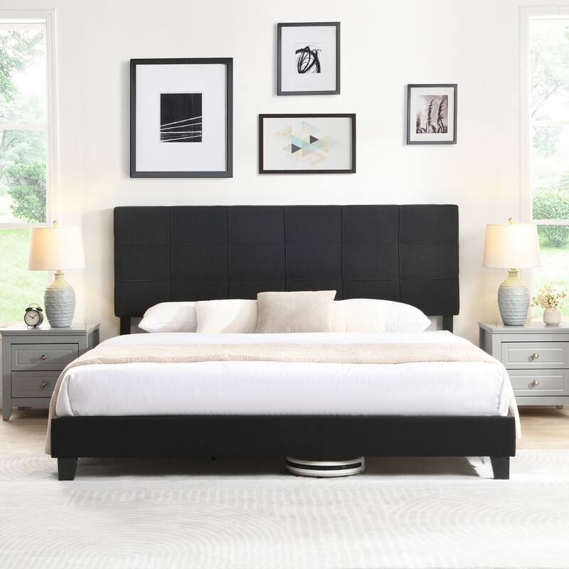 Black King Size Upholstered Bed with Linen Fabric Headboard